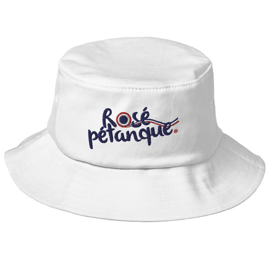Bob blanc avec logo Rosé Pétanque en broderie bleu marine et rouge