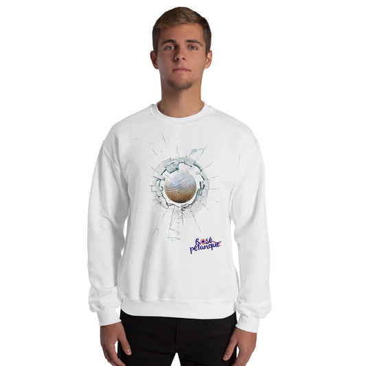 Pull col rond blanc de RosePetanque avec inscription logo