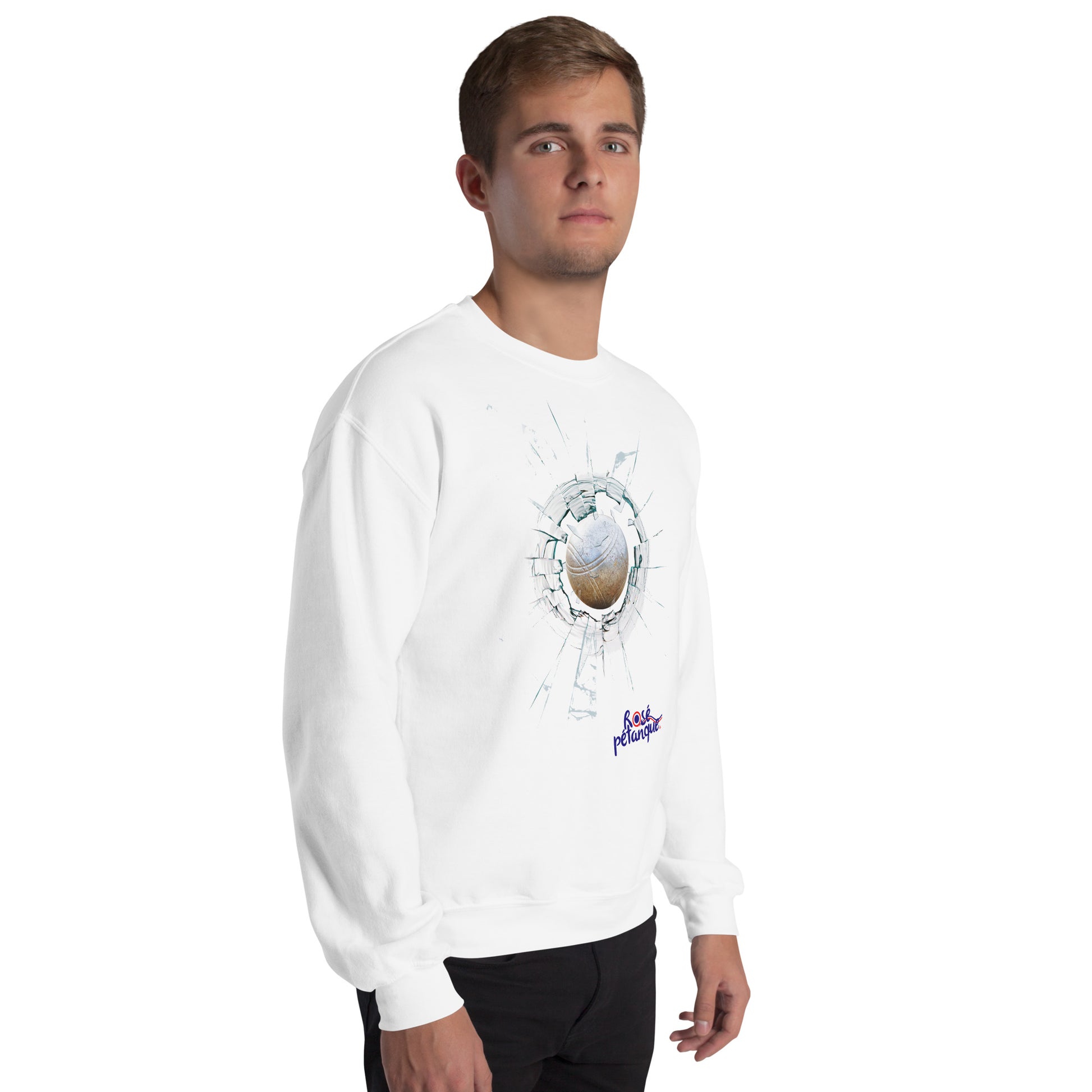 Pull col rond blanc de RosePetanque avec inscription logo